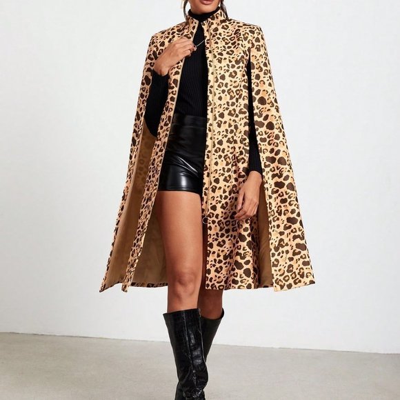 . Jackets & Blazers - Multicolor Preppy Womens Leopard Print Cloak Sleeve Open Front Cape Coat
